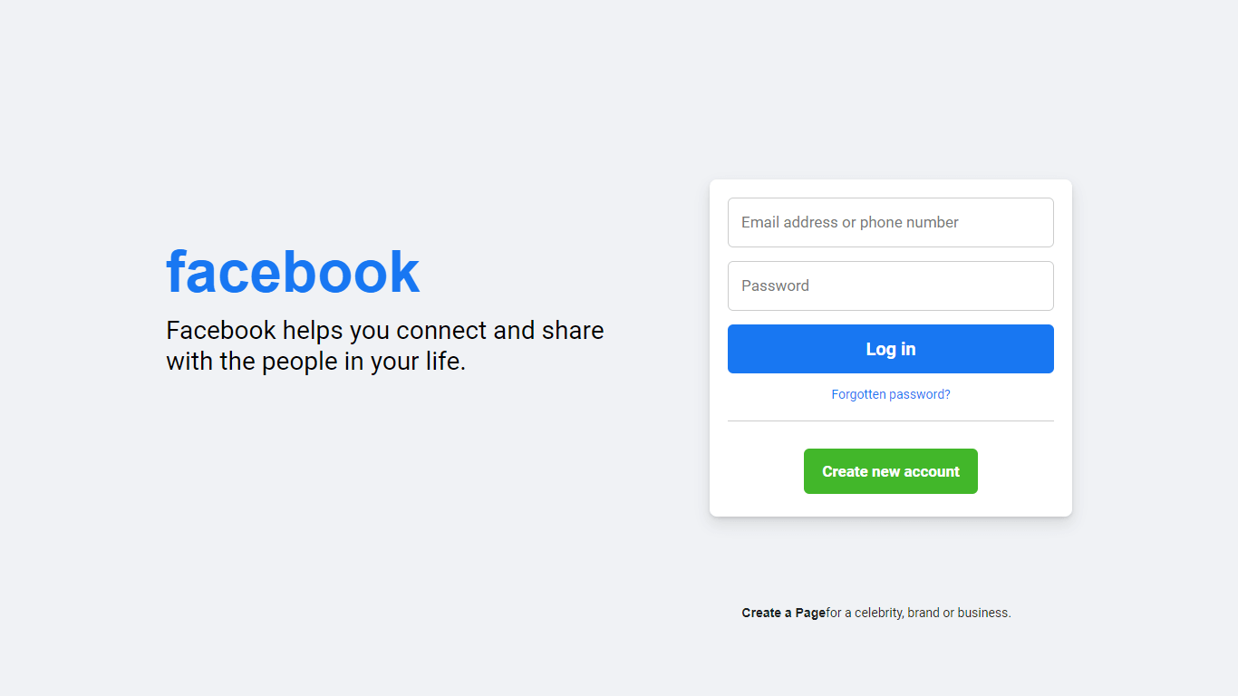 Facebook login page